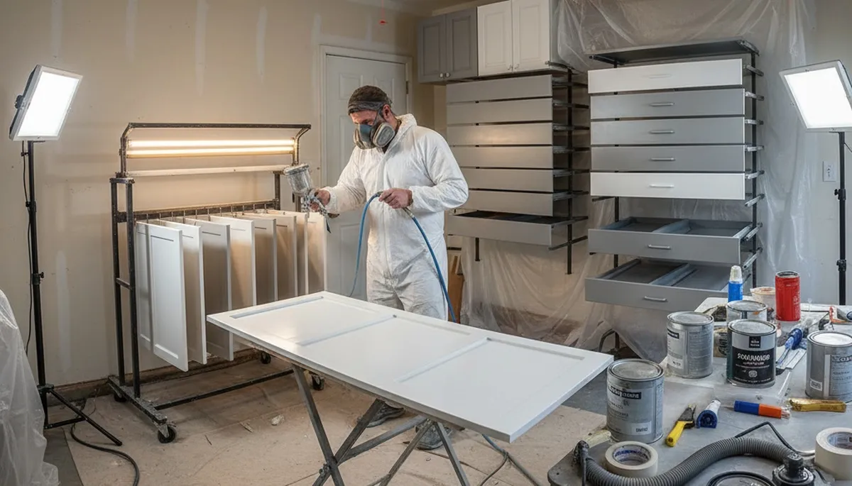 Professional cabinet painting in Lexington MA using spray technique for smooth, durable kitchen finishes