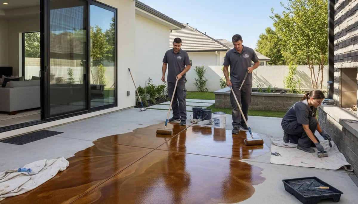 Professional concrete staining on residential driveway in Lexington, MA by expert house painters
