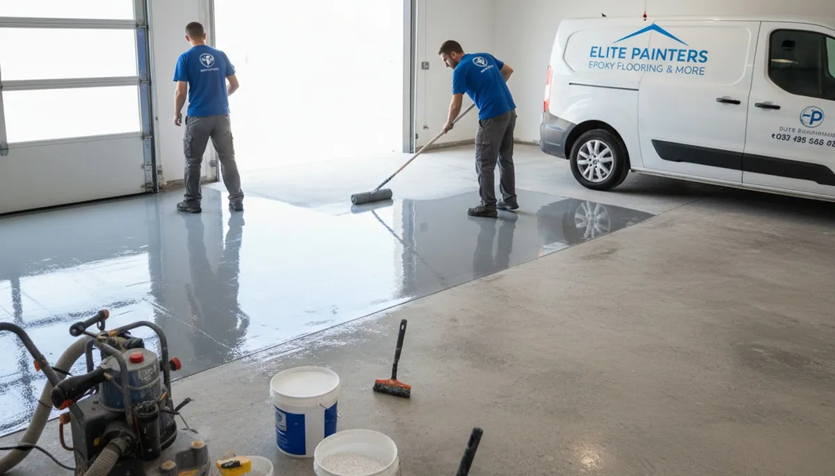Epoxy garage floor coating in Lexington MA by professional house painters for durable, moisture-resistant finish