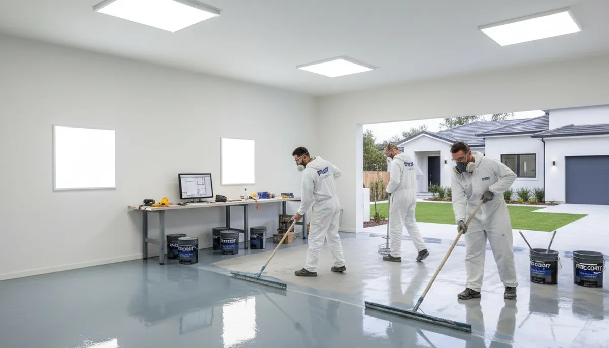 Epoxy floor coating in Lexington MA garage by professional house painters for durable, moisture-resistant finish