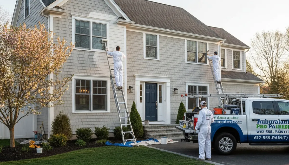 Professional house painters working on exterior home in Lexington MA
