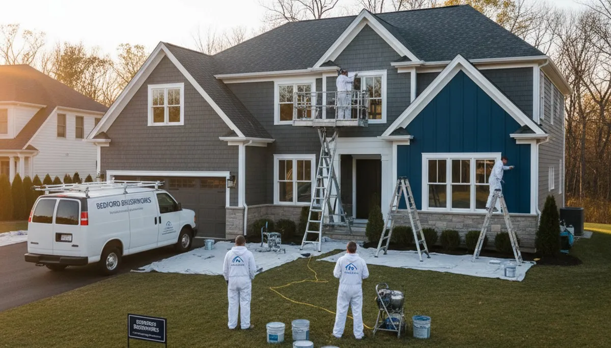 Professional house painters working on residential exterior in Lexington, MA