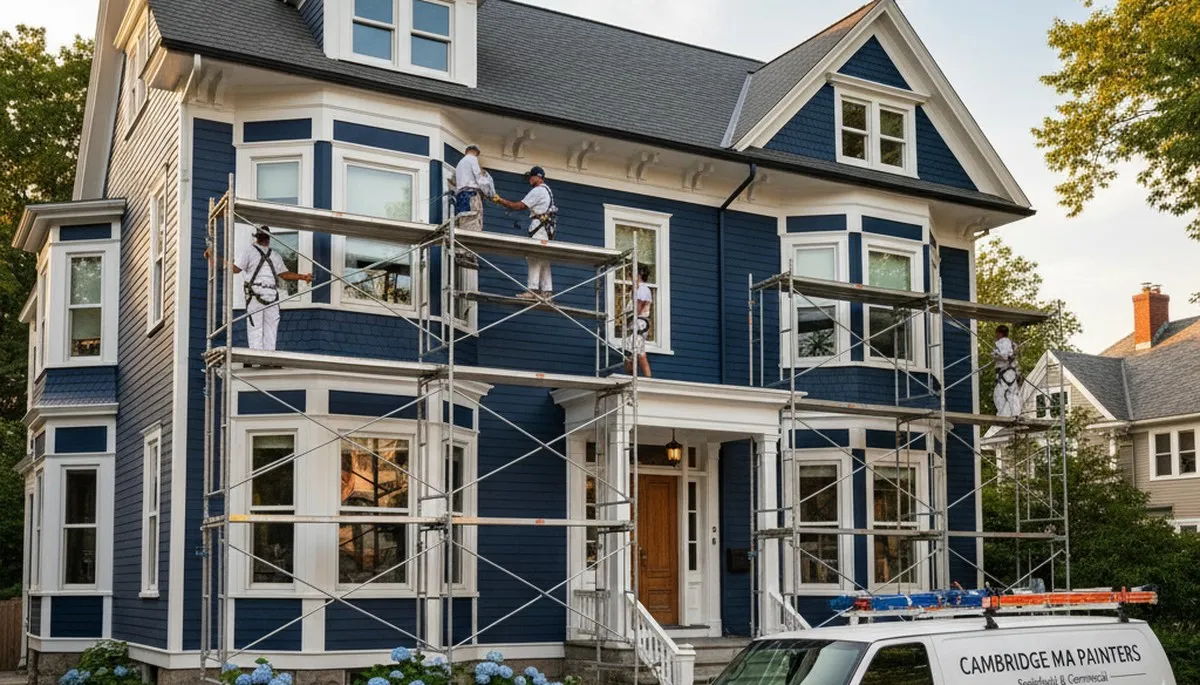 Professional house painters working on home exterior in Lexington, MA