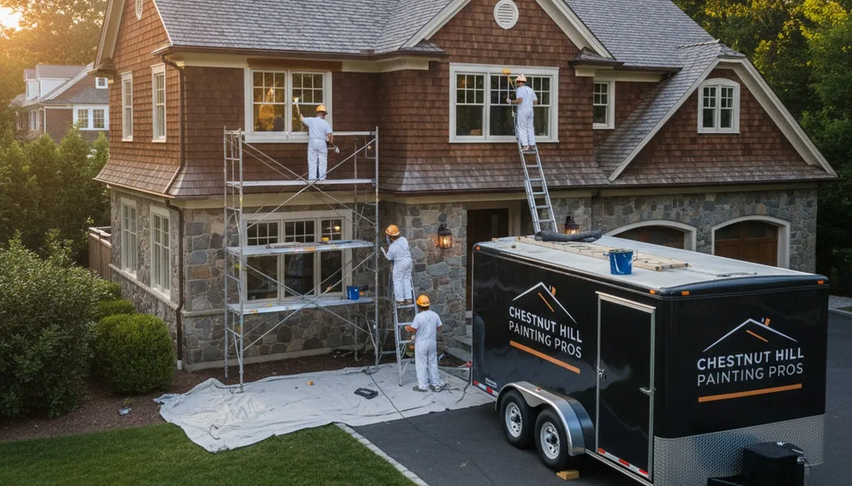 Professional house painters working on exterior home in Lexington MA