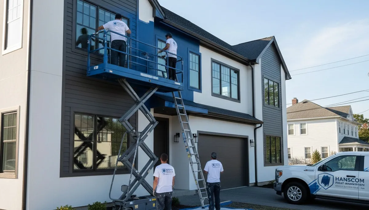 Professional house painters finishing exterior home in Lexington, MA