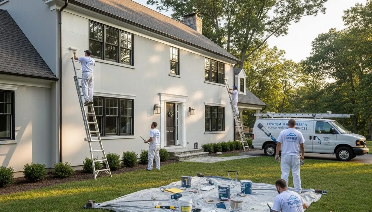 Professional house painters working on exterior home in Lexington MA