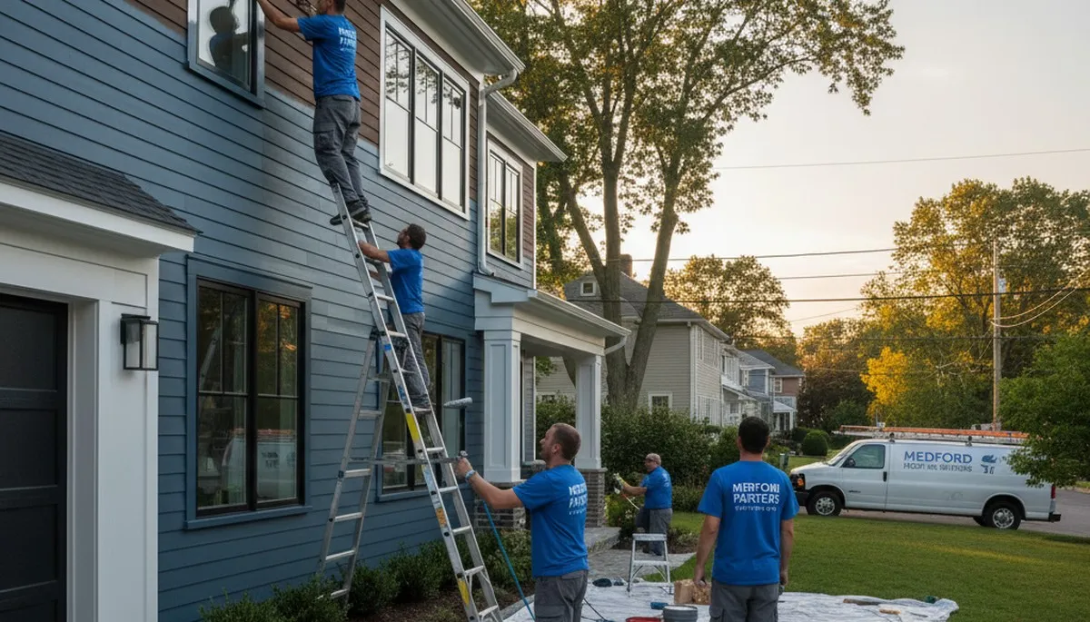 Professional house painters working on exterior home in Lexington, MA