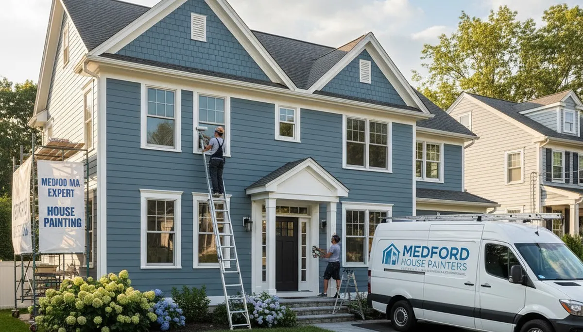 Professional house painters finishing exterior home painting project in Lexington, MA