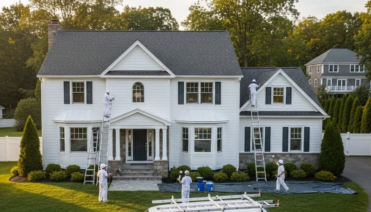 Professional house painters working on exterior home in Lexington, MA