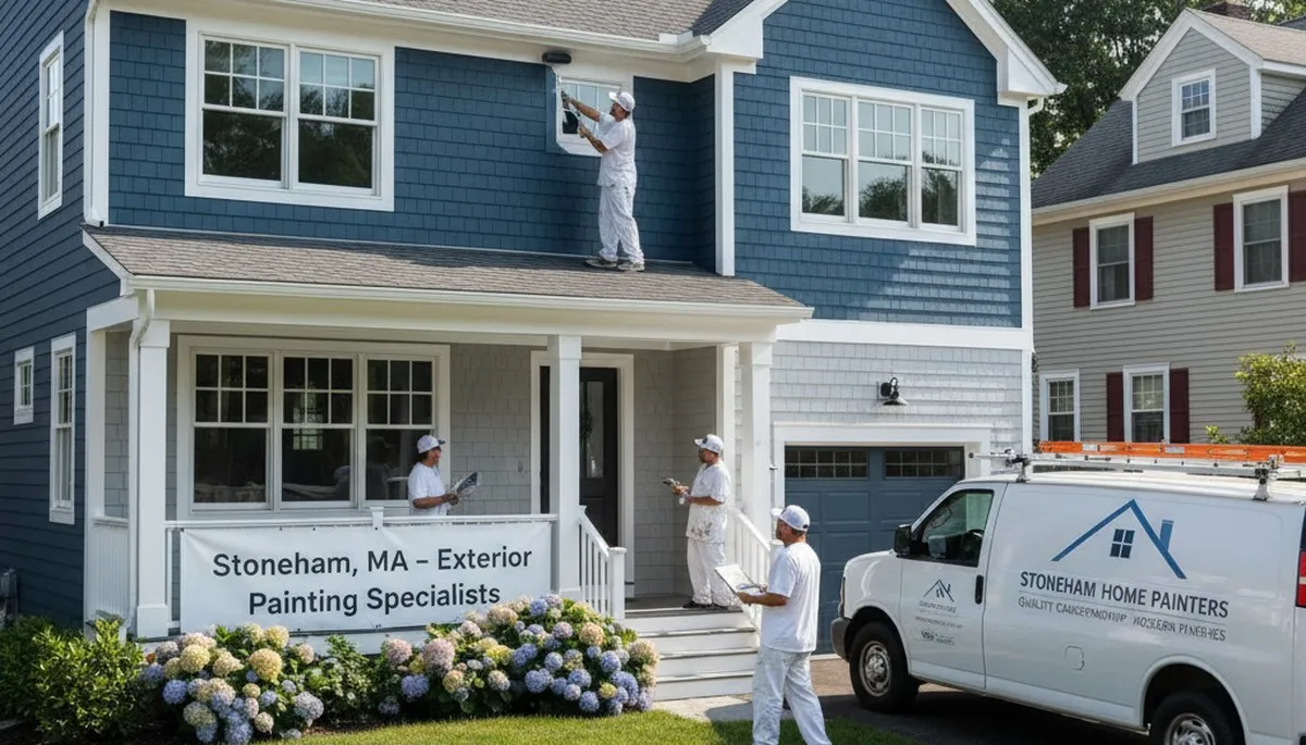 Professional house painters working on exterior home in Lexington, MA