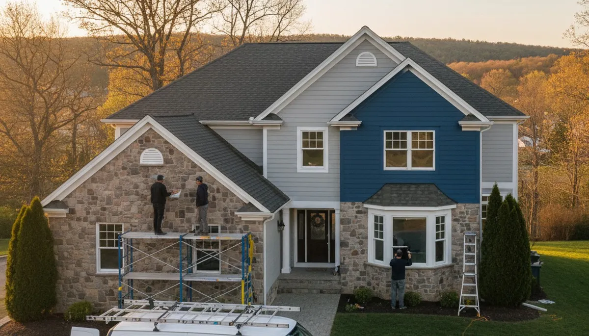 Professional house painters in Lexington MA applying exterior paint to residential home façade