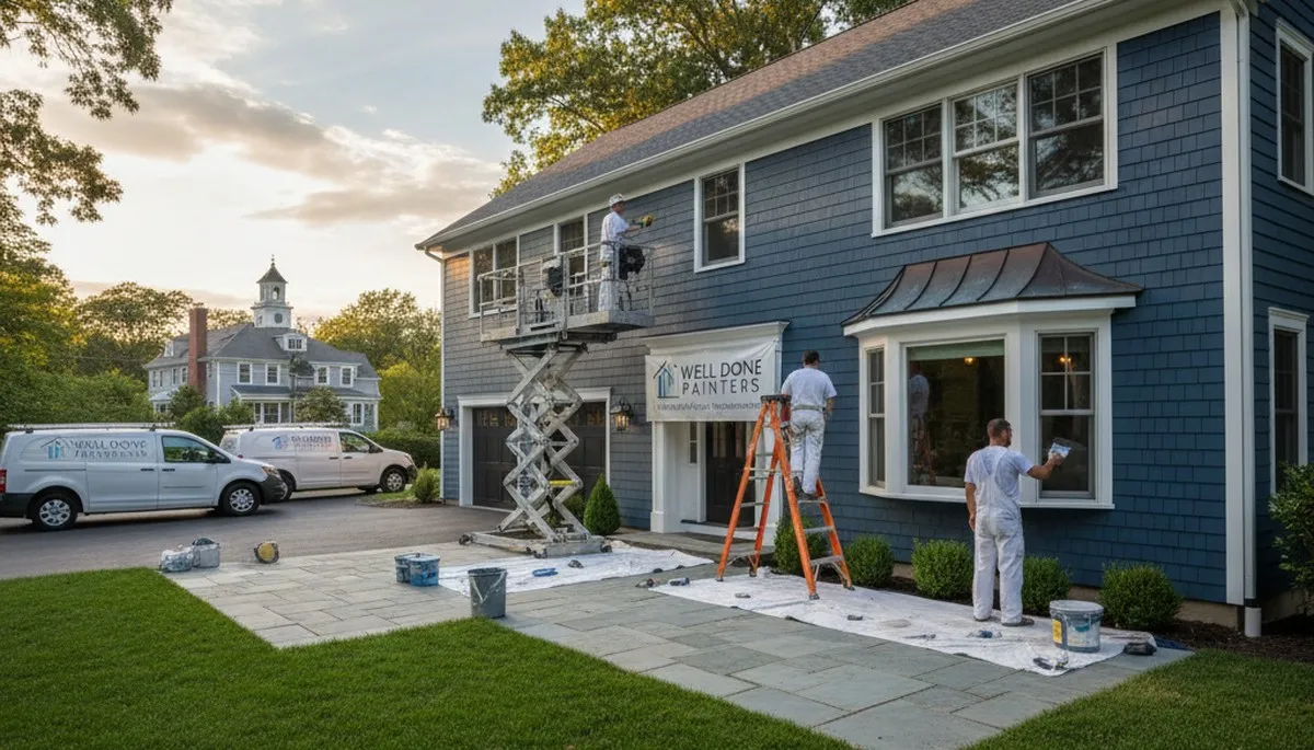 Professional house painters working on residential exterior in Lexington, MA