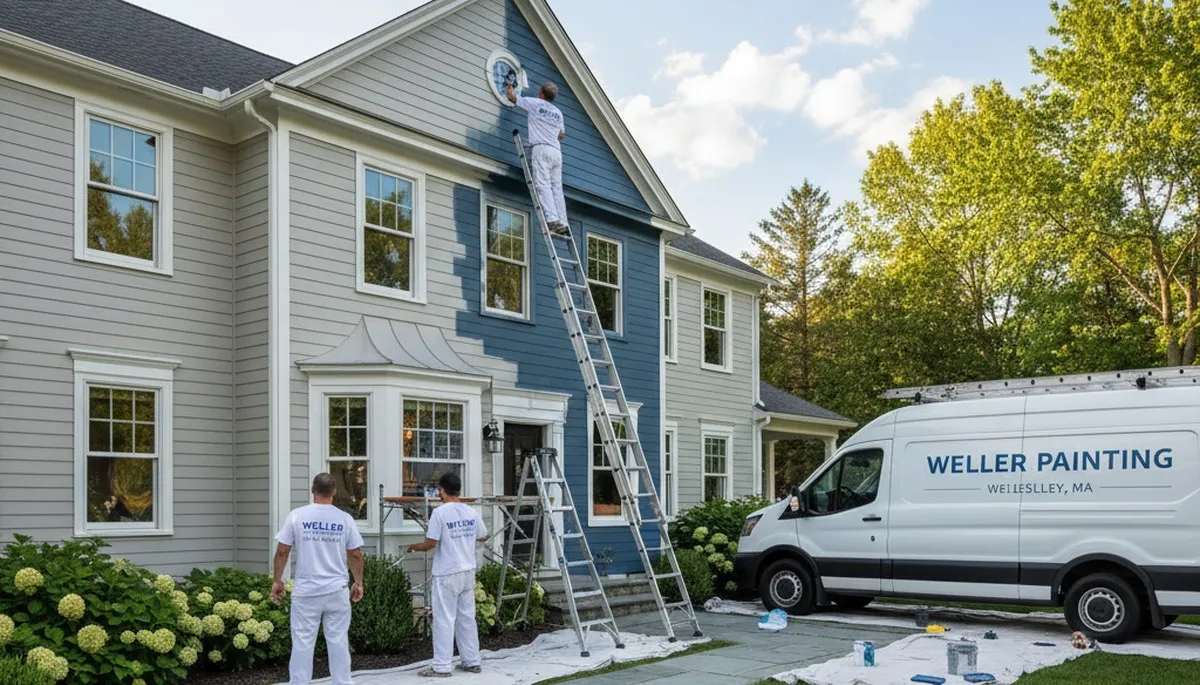 Professional house painters working on residential exterior in Lexington, MA