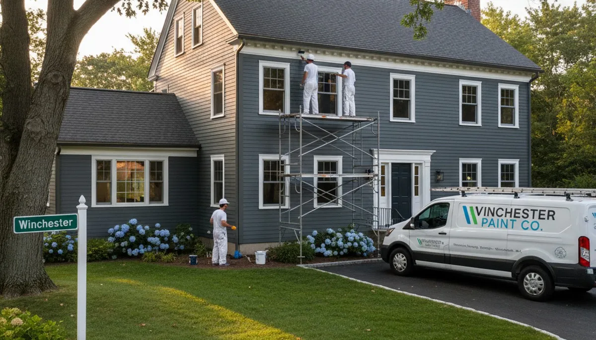 Professional house painters finishing exterior home painting in Lexington, MA