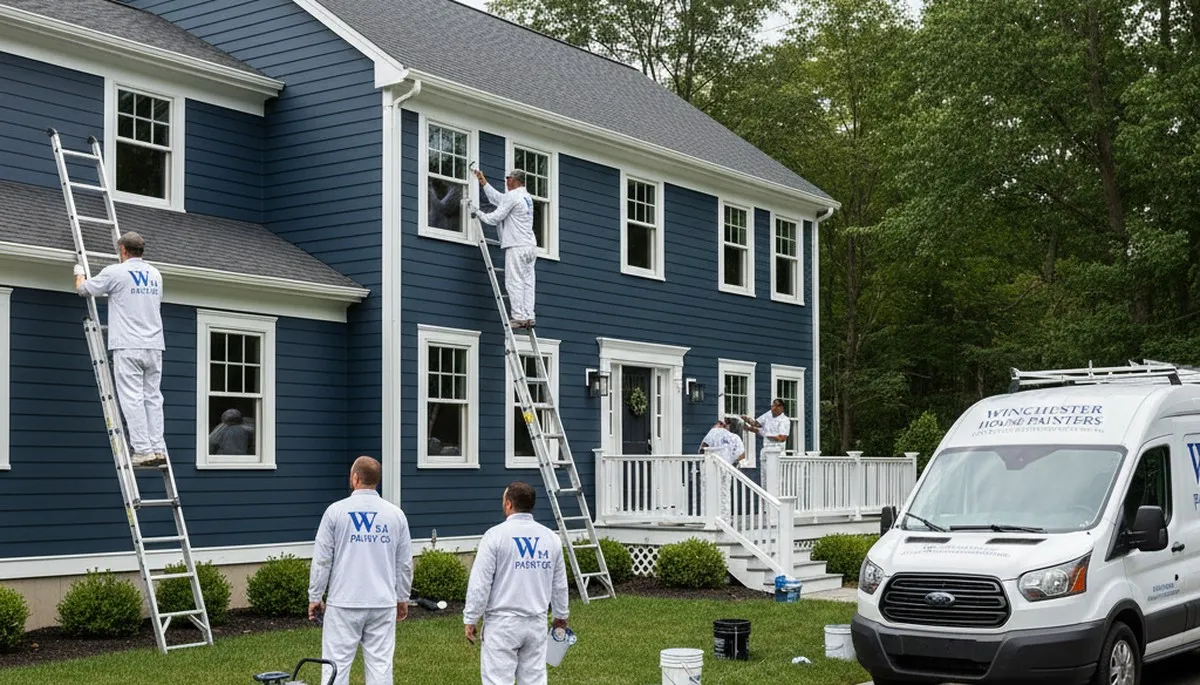 Professional house painters finishing exterior home in Lexington, MA