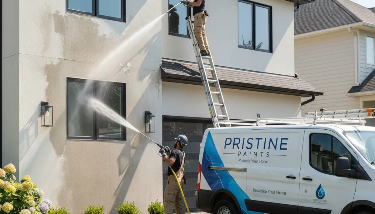 Professional pressure cleaning on Lexington MA home exterior by expert surface restoration painters