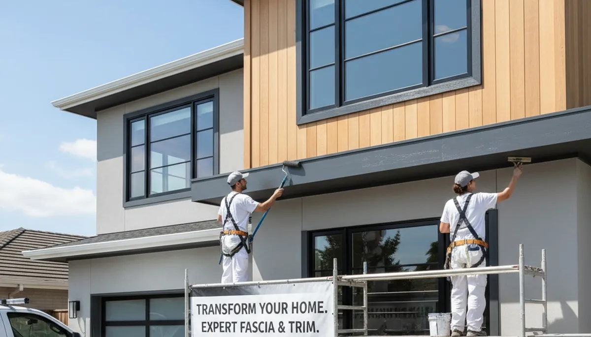Professional trim and fascia painting on Lexington, MA home exterior by expert house painters